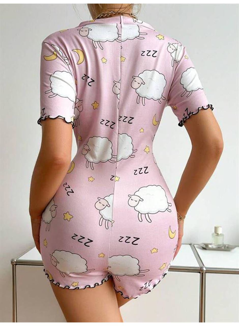 Pamuklu Pembe Kuzu Desenli Düğmeli Uzun Kol Tulum Pijama