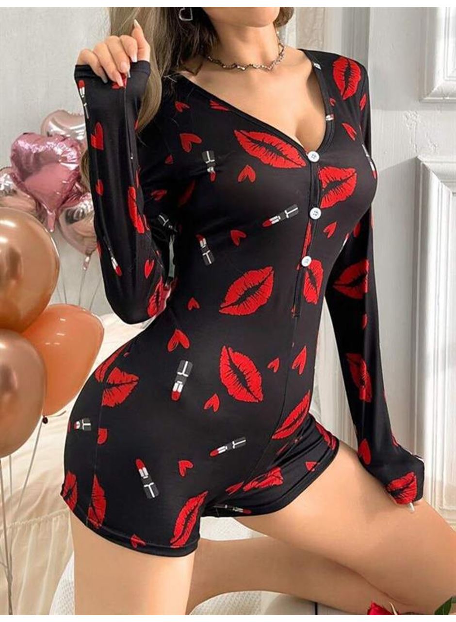 Pamuklu Kırmızı Ruj ve Öpücük Desenli Düğmeli Uzun Kol Tulum Pijama