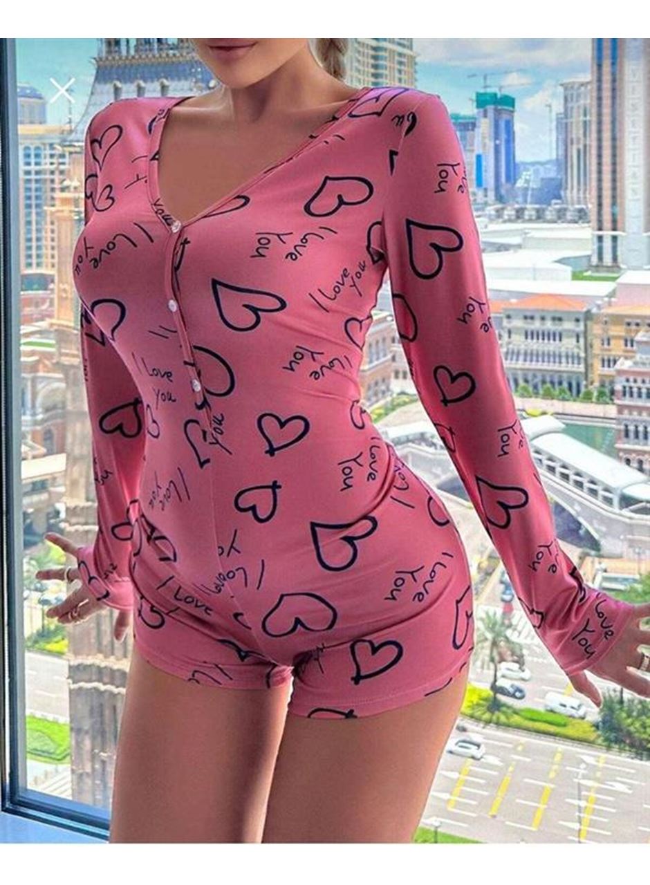 Pamuklu Pembe Siyah Kalp Desenli Düğmeli Uzun Kol Tulum Pijama
