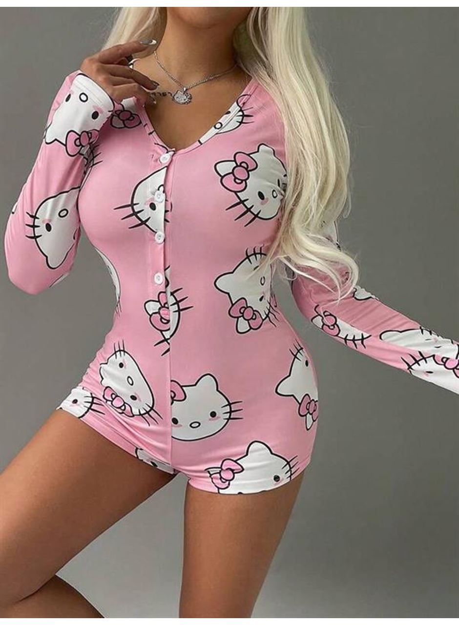 Pamuklu Pembe Hello Kitty Desenli Düğmeli Uzun Kol Tulum Pijama