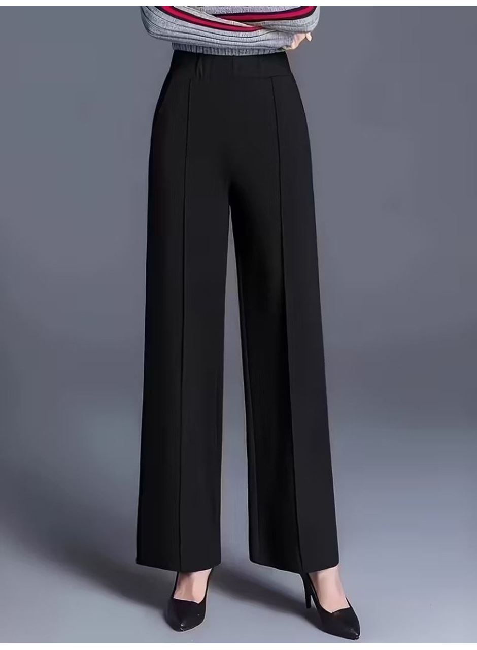 Kadın Yüksek Bel önü Nervürlü Paçaya Doğru Geniş Ithal Krep Pantolon