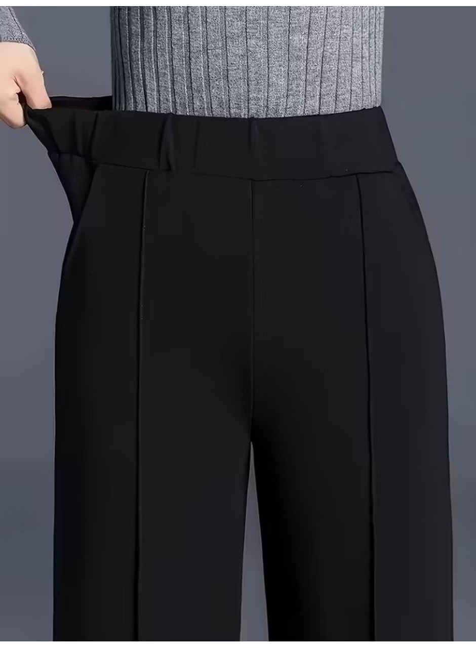 Kadın Yüksek Bel önü Nervürlü Paçaya Doğru Geniş Ithal Krep Pantolon