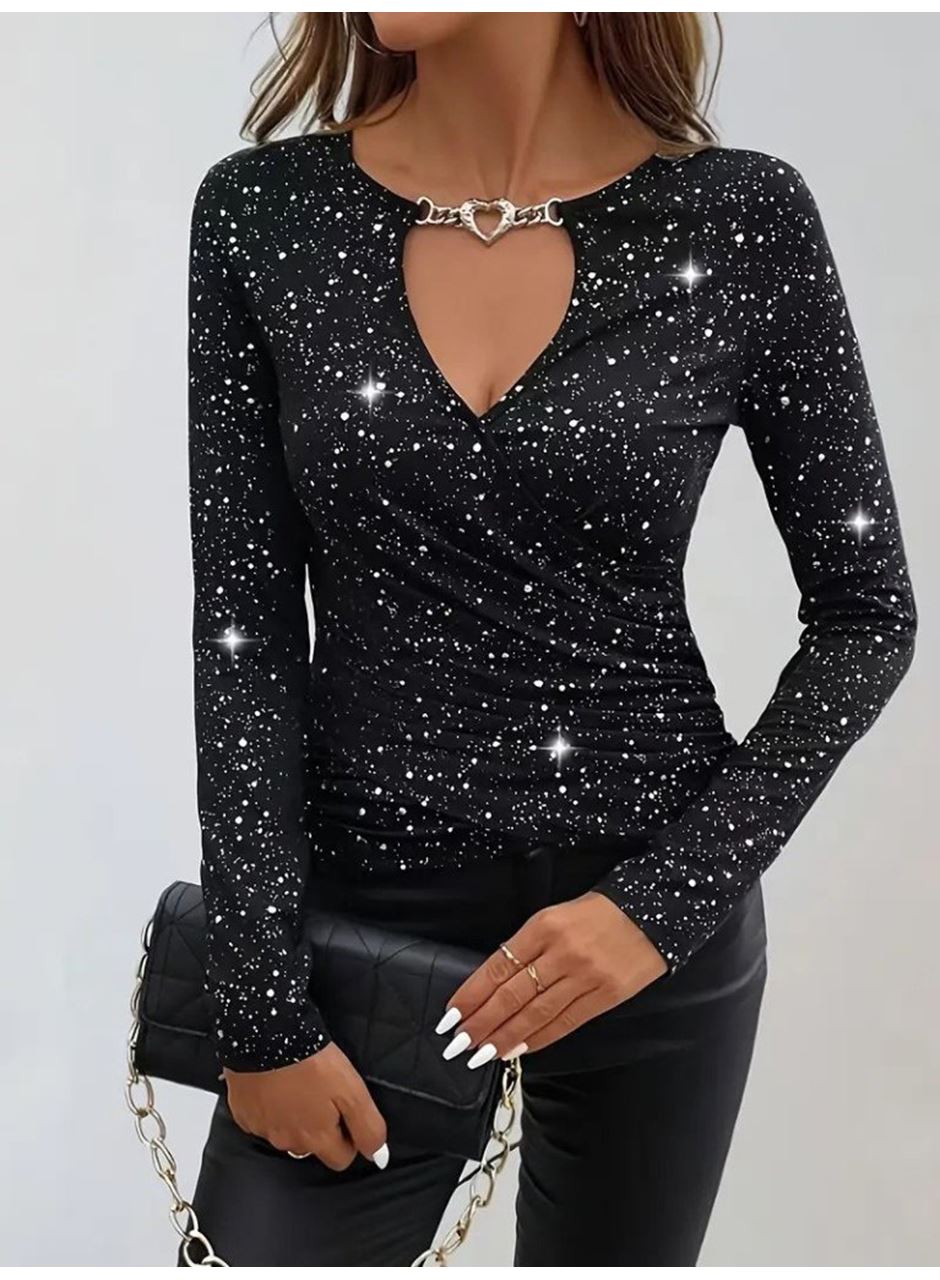 Kadın Uzun Kollu Kruvaze Yakalı Aksesuarlı Dalgıç Bluz
