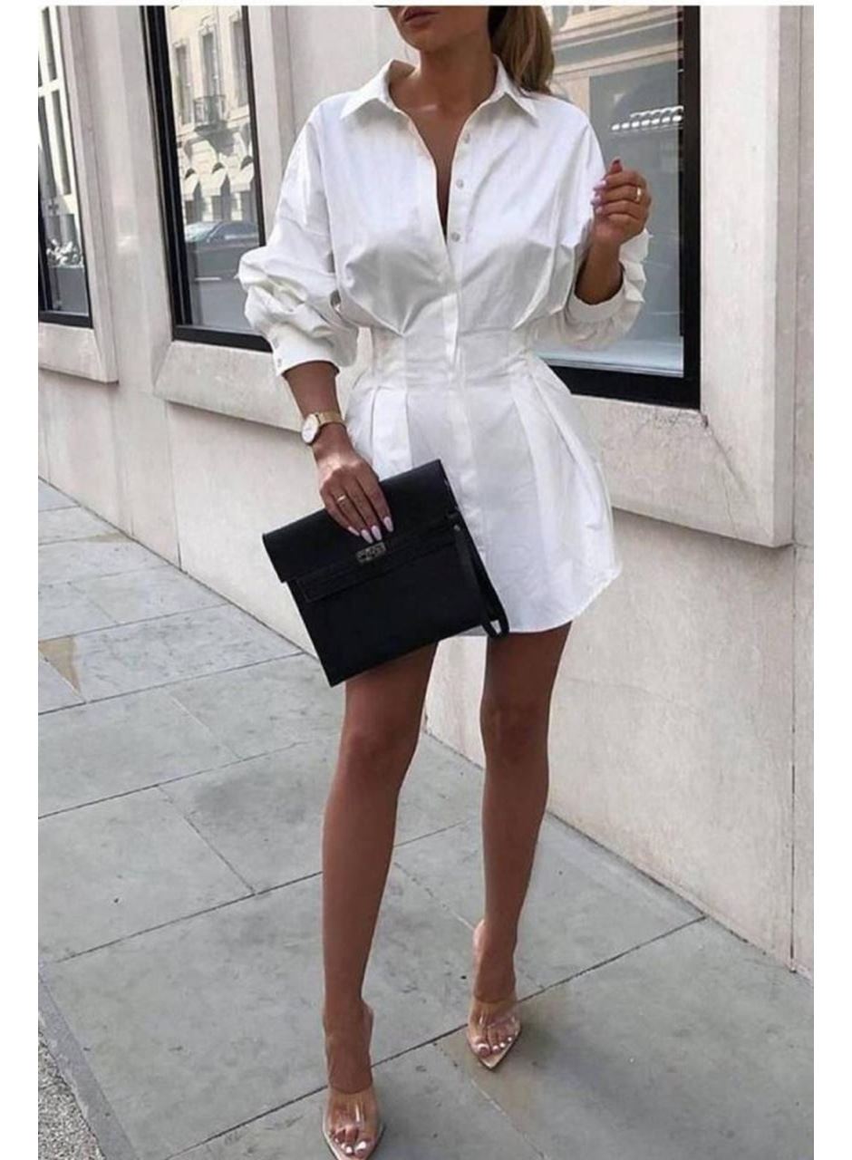 Kadın Pamuk Polyester Kumaş Belden Pileli Gömlek Elbise