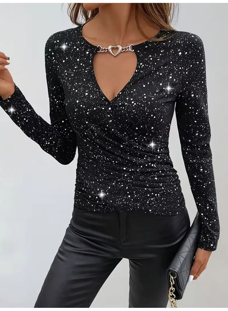 Kadın Uzun Kollu Kruvaze Yakalı Aksesuarlı Dalgıç Bluz