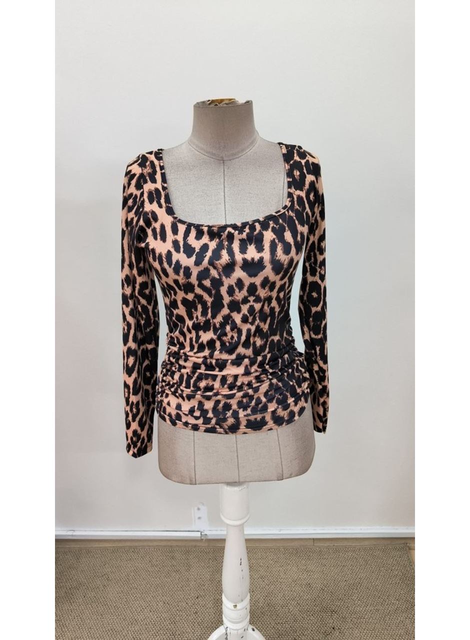 Kadın Uzun Kollu Kare Yakalı Leopar Desenli Dalgıç Bluz