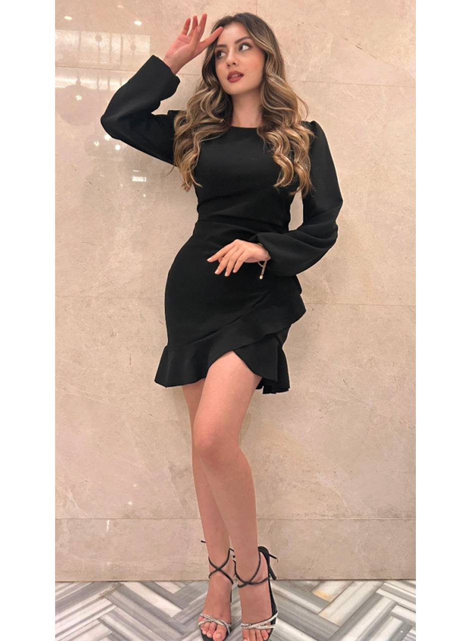 Kadın Uzun Kollu Bisiklet Yaka önden Volanlı Ithal Krep Elbise