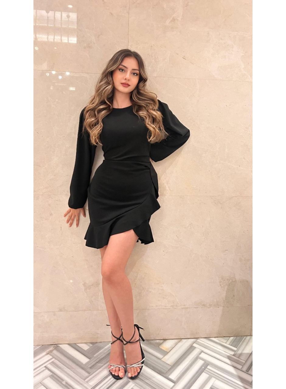 Kadın Uzun Kollu Bisiklet Yaka önden Volanlı Ithal Krep Elbise