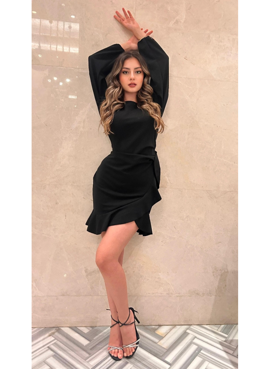 Kadın Uzun Kollu Bisiklet Yaka önden Volanlı Ithal Krep Elbise