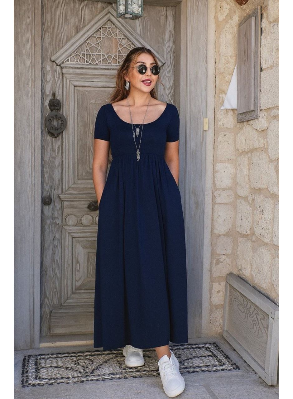 Kadın Kısa Kollu Yuvarlak Yaka önden Yırtmaçlı Cepli Viskon Uzun Elbise