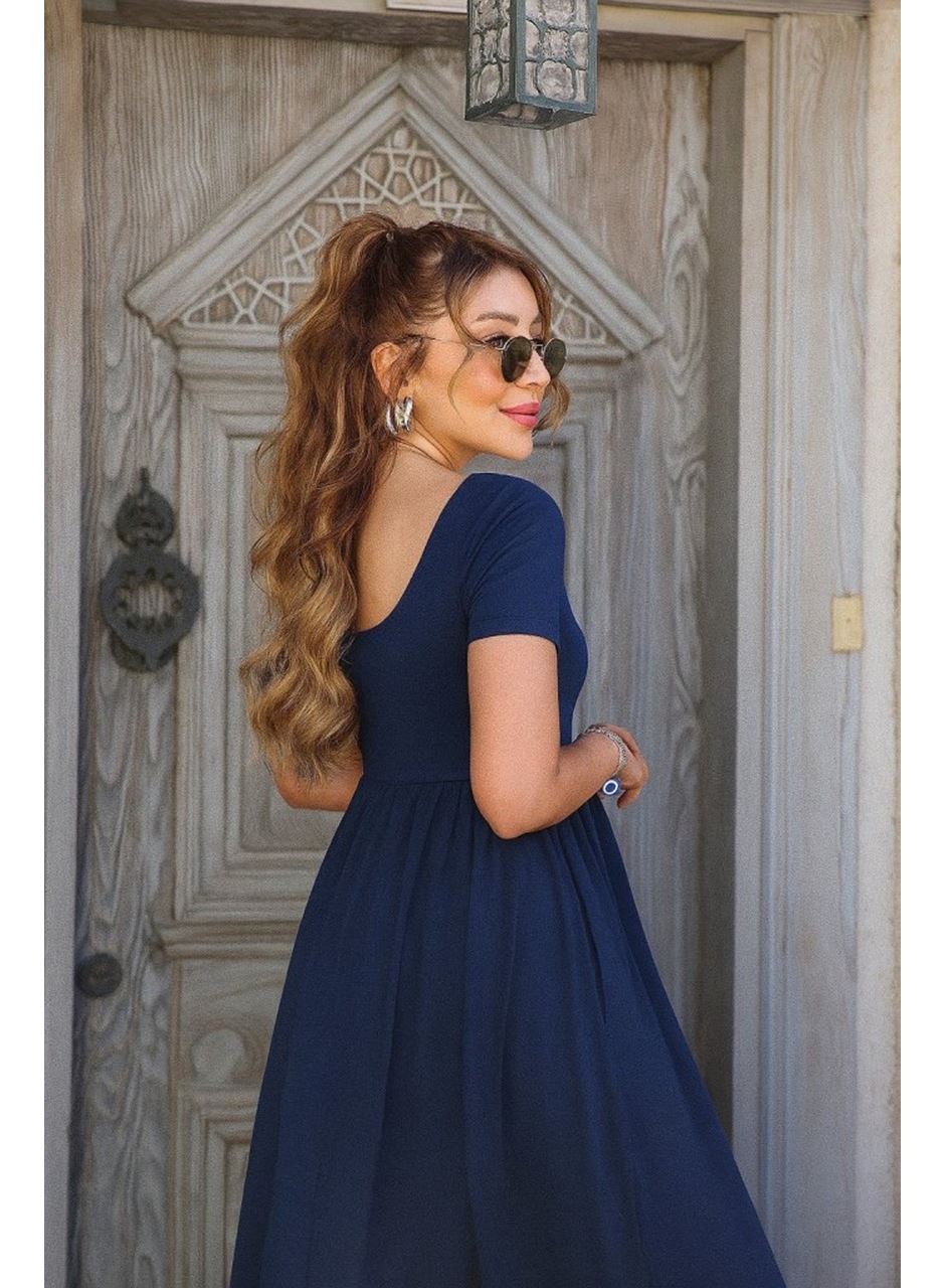 Kadın Kısa Kollu Yuvarlak Yaka önden Yırtmaçlı Cepli Viskon Uzun Elbise