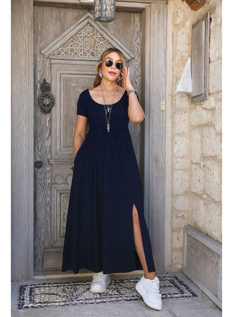 Kadın Kısa Kollu Yuvarlak Yaka önden Yırtmaçlı Cepli Viskon Uzun Elbise