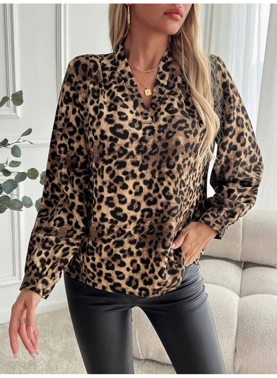 Kadın Uzun Kollu V Yakalı Modal Leopar Desenli Bluz