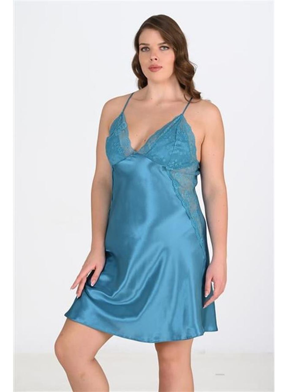 Büyük Beden Dantel İşlemeli Petrol Mavisi Saten Gecelik