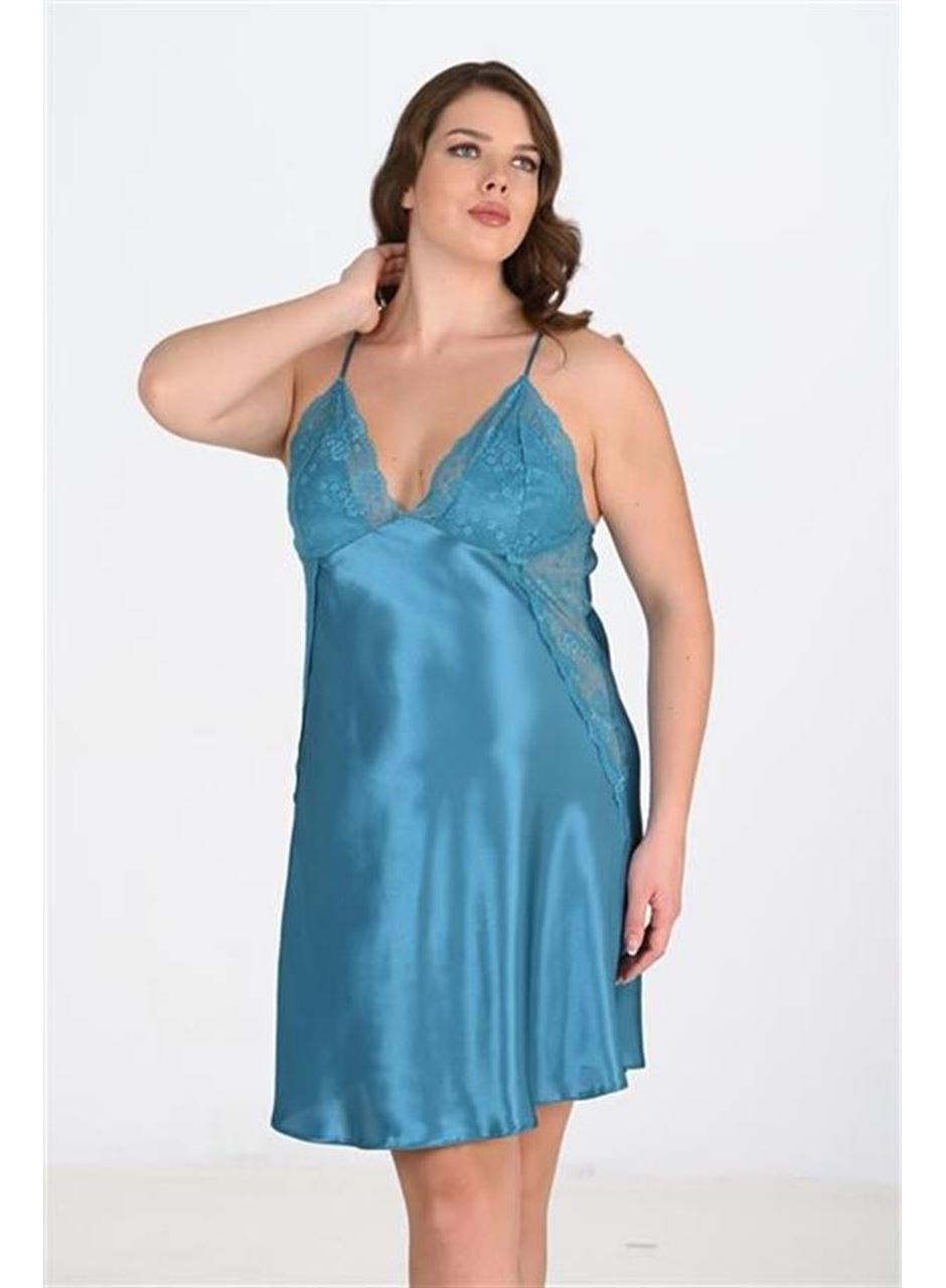 Büyük Beden Dantel İşlemeli Petrol Mavisi Saten Gecelik