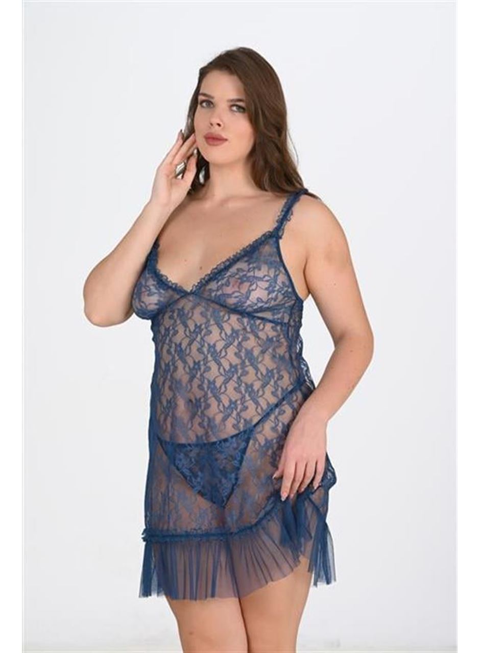 Büyük Beden Petrol Mavisi Dantel İşlemeli Tül Gecelik