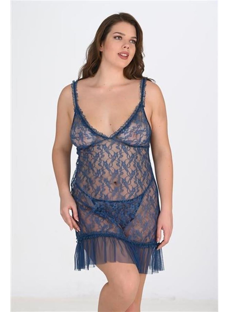 Büyük Beden Petrol Mavisi Dantel İşlemeli Tül Gecelik