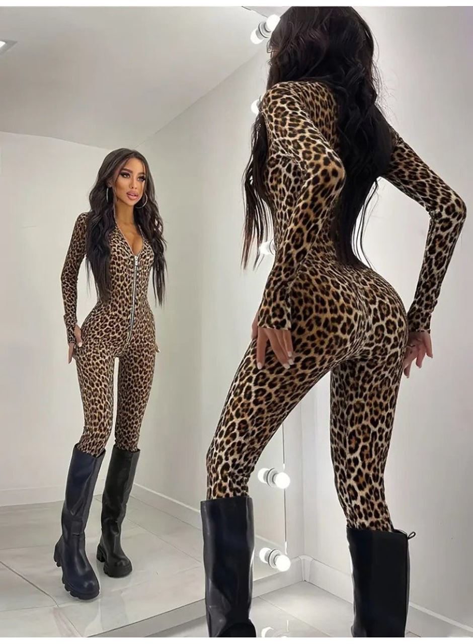 Kadın Uzun Kollu önden Fermuarlı Parmaktan Geçmeli Leopar Desenli Dalgıç Tulum