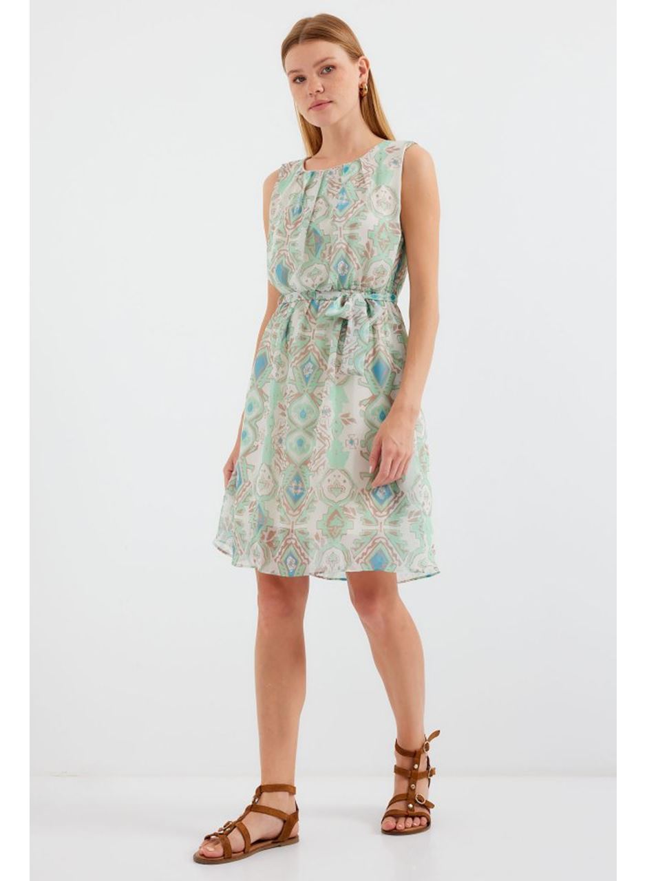 2501 Desenli Sıfır Kol Şifon Elbise - Mint