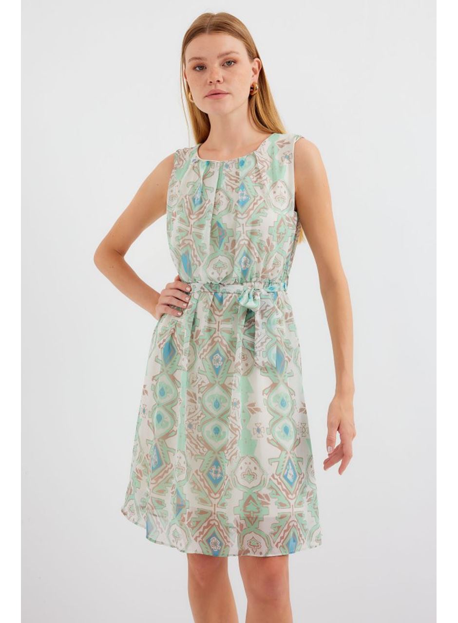 2501 Desenli Sıfır Kol Şifon Elbise - Mint
