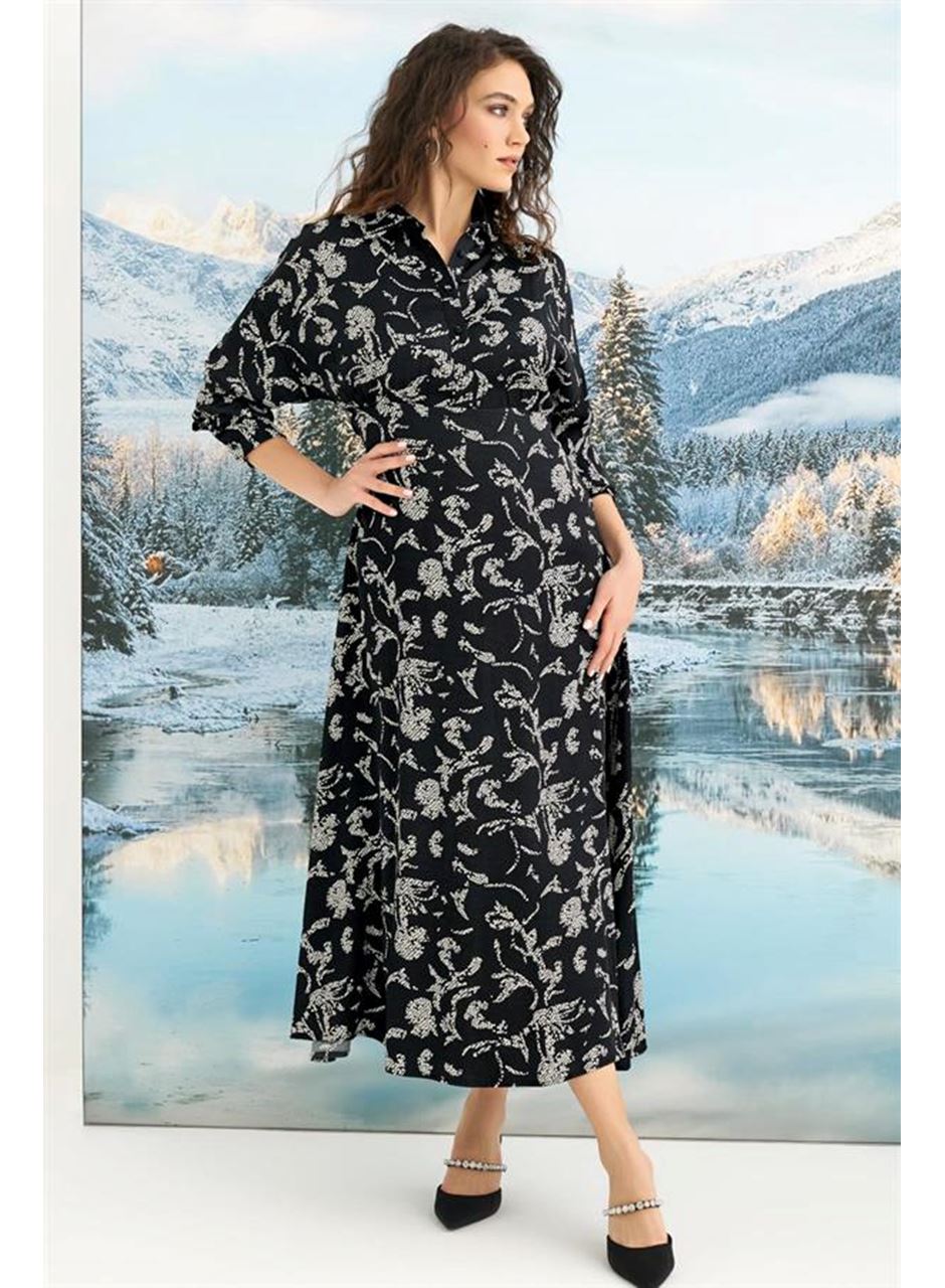 %100 Viskon Desenli Truvakar Kollu Saten Elbise