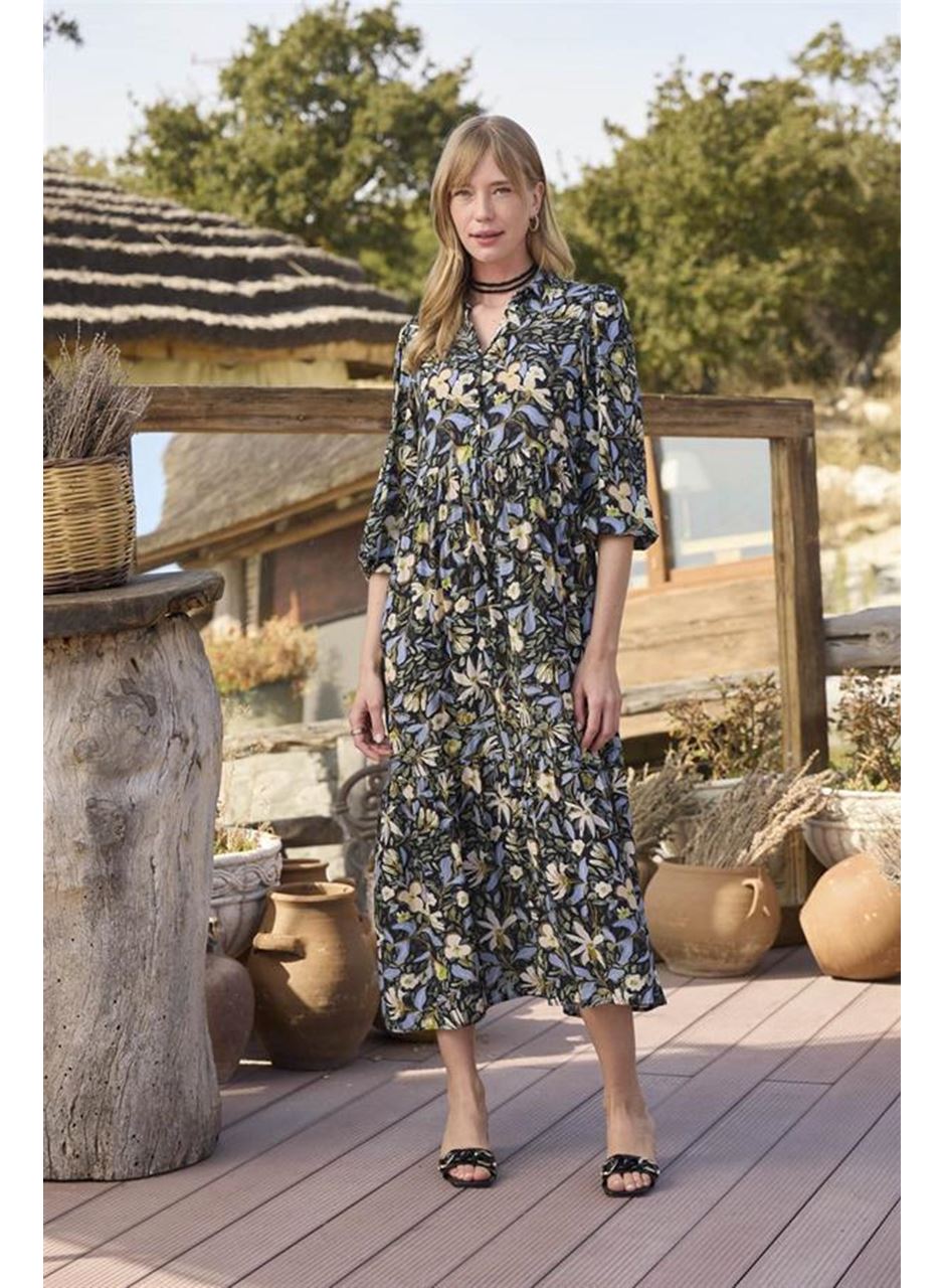 Çiçek ve Yaprak Desenli Truvakar Kollu Elbise