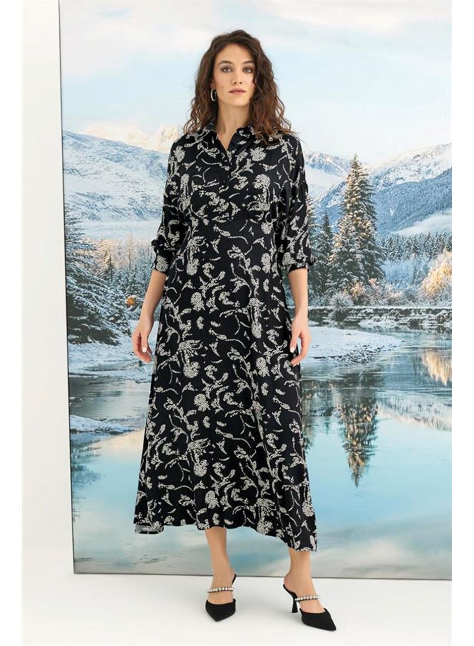 %100 Viskon Desenli Truvakar Kollu Saten Elbise