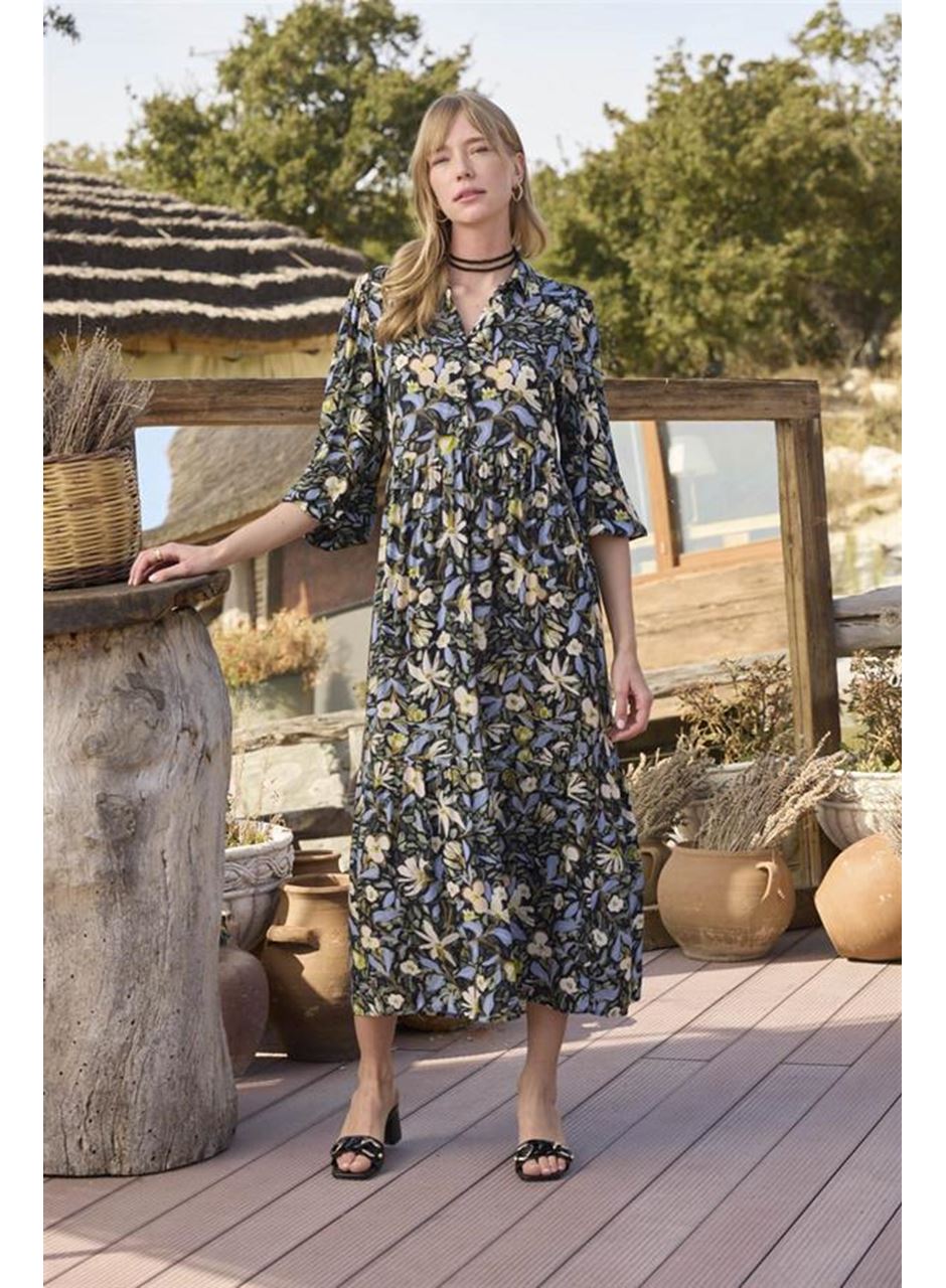 Çiçek ve Yaprak Desenli Truvakar Kollu Elbise