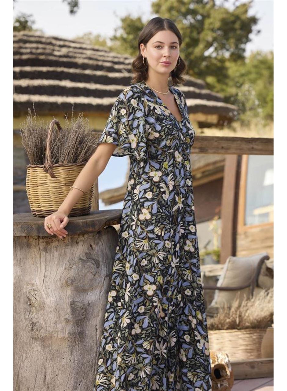 %100 Viskon Çiçek ve Yaprak Desenli Önü Düğmeli Elbise