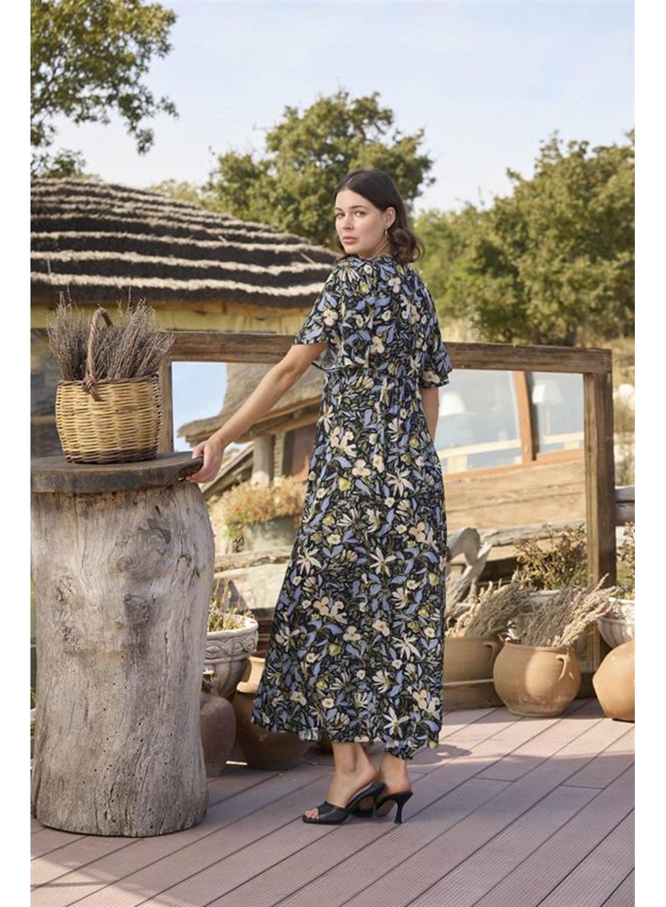 %100 Viskon Çiçek ve Yaprak Desenli Önü Düğmeli Elbise