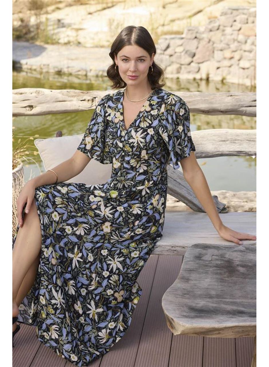 %100 Viskon Çiçek ve Yaprak Desenli Önü Düğmeli Elbise