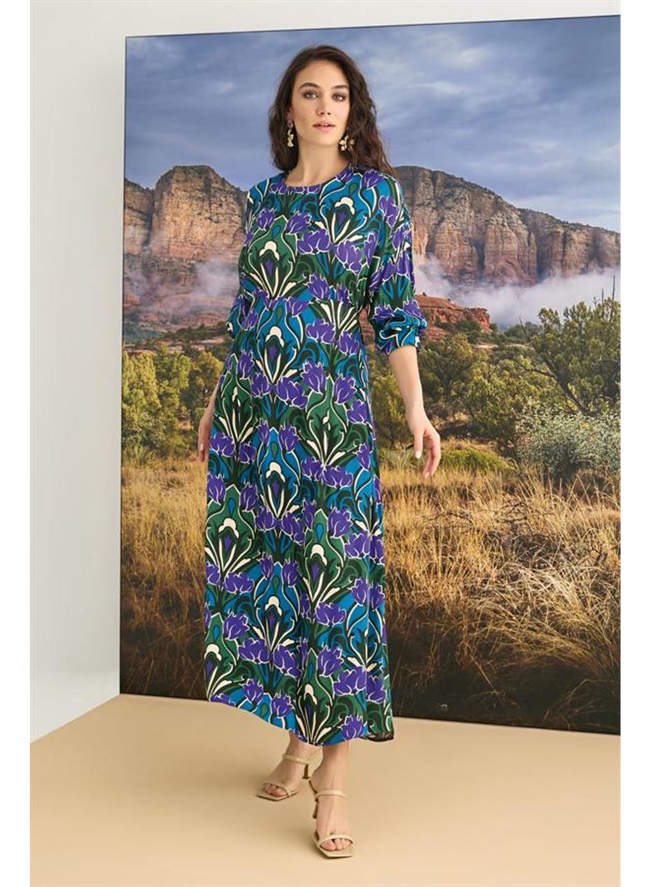 %100 Viskon Çiçek Desenli Truvakar Kollu Saten Elbise
