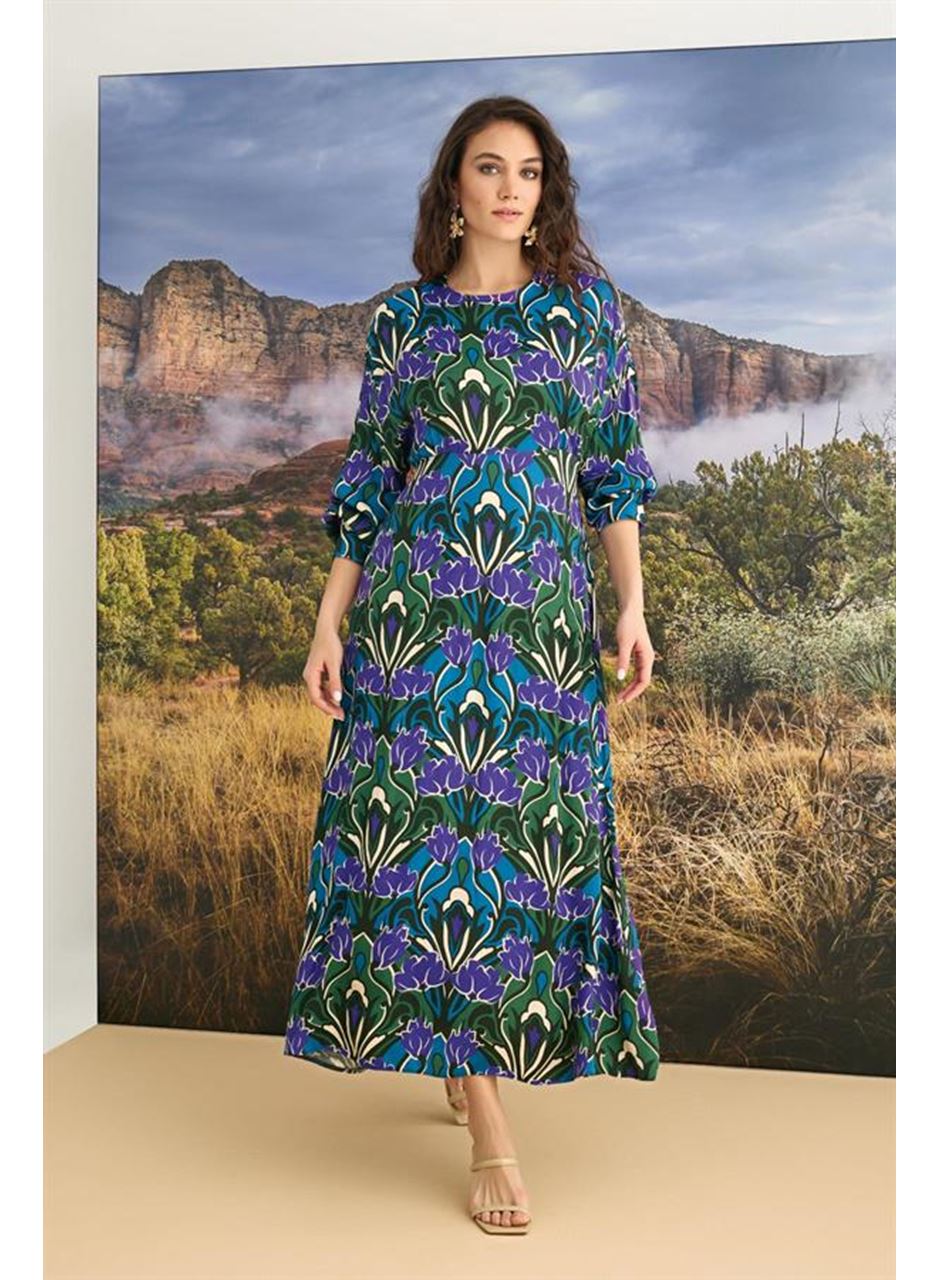 %100 Viskon Çiçek Desenli Truvakar Kollu Saten Elbise