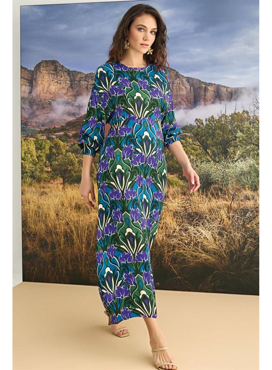 %100 Viskon Çiçek Desenli Truvakar Kollu Saten Elbise