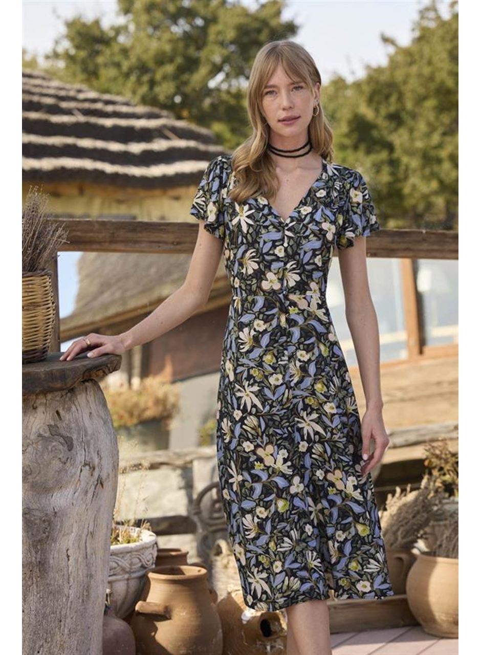 %100 Viskon Çiçek ve Yaprak Desenli Önü Düğmeli Elbise