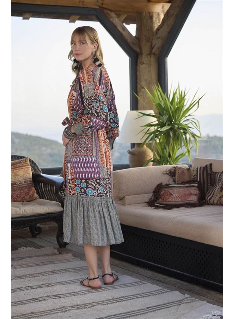 Etnik Desenli Kuşaklı Elbise