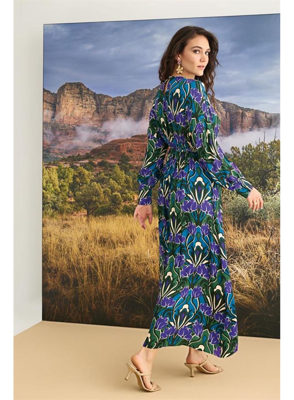 %100 Viskon Çiçek Desenli Truvakar Kollu Saten Elbise