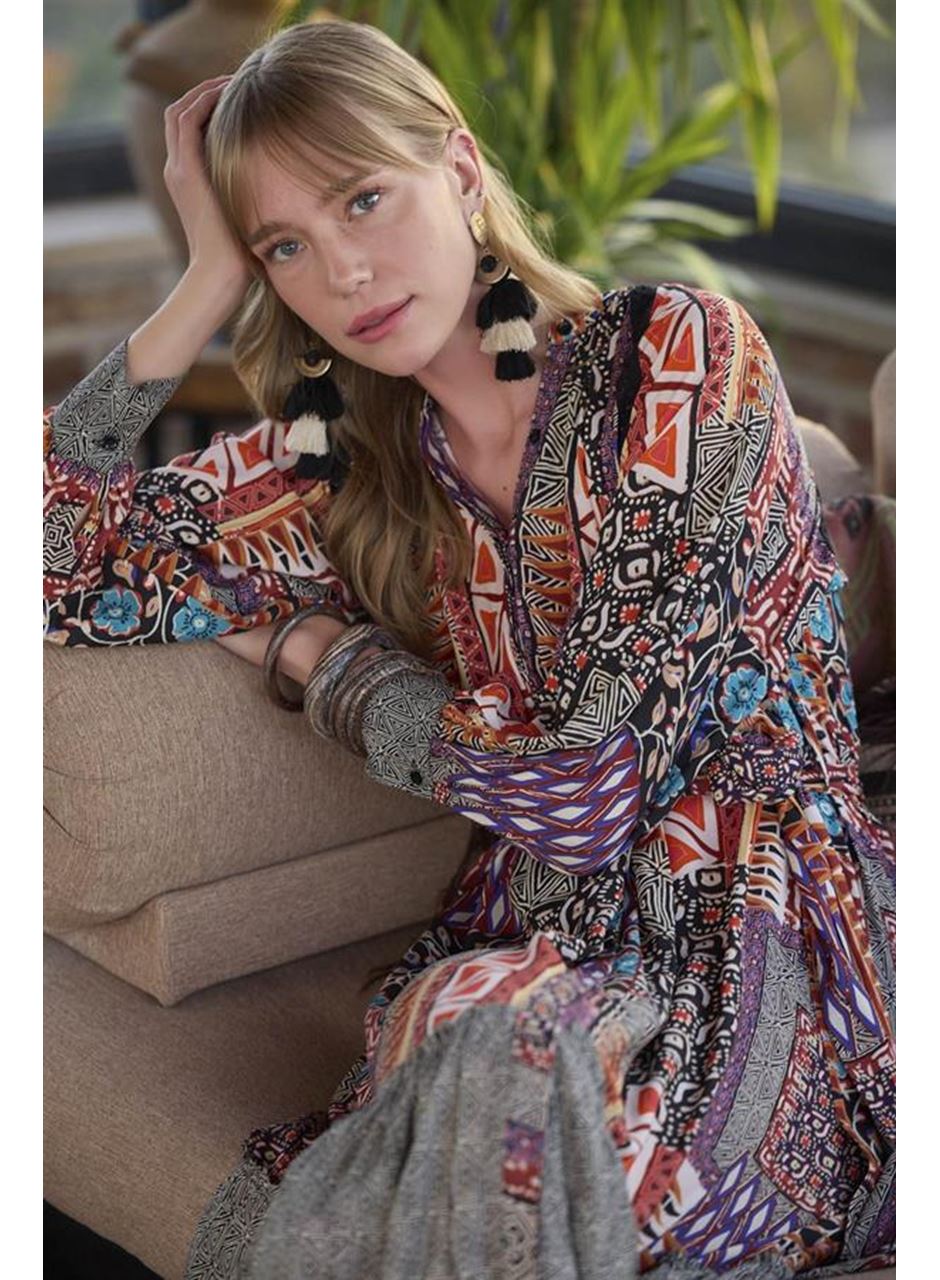 Etnik Desenli Kuşaklı Elbise