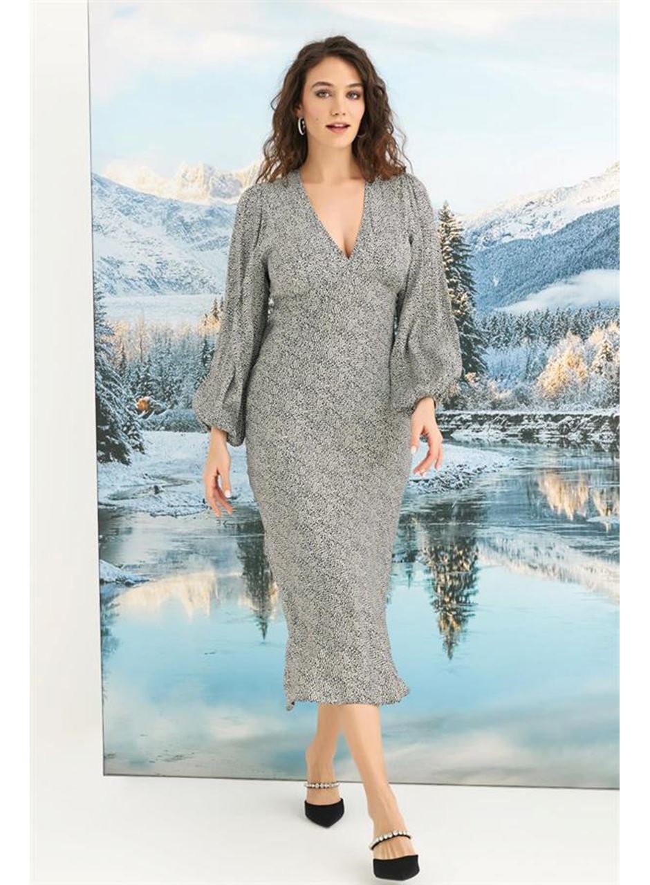 %100 Viskon Desenli Uzun Kollu Saten Elbise