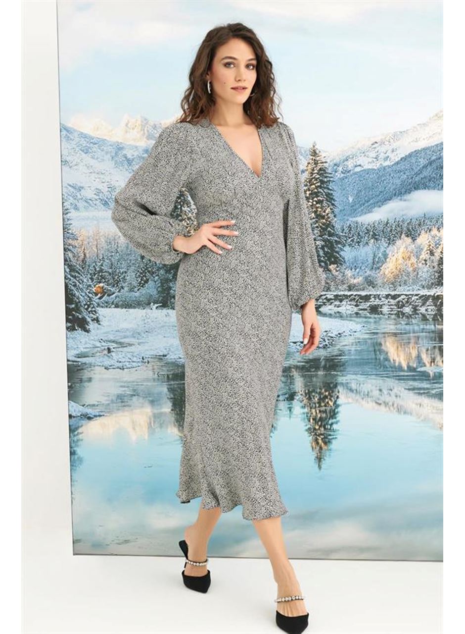 %100 Viskon Desenli Uzun Kollu Saten Elbise