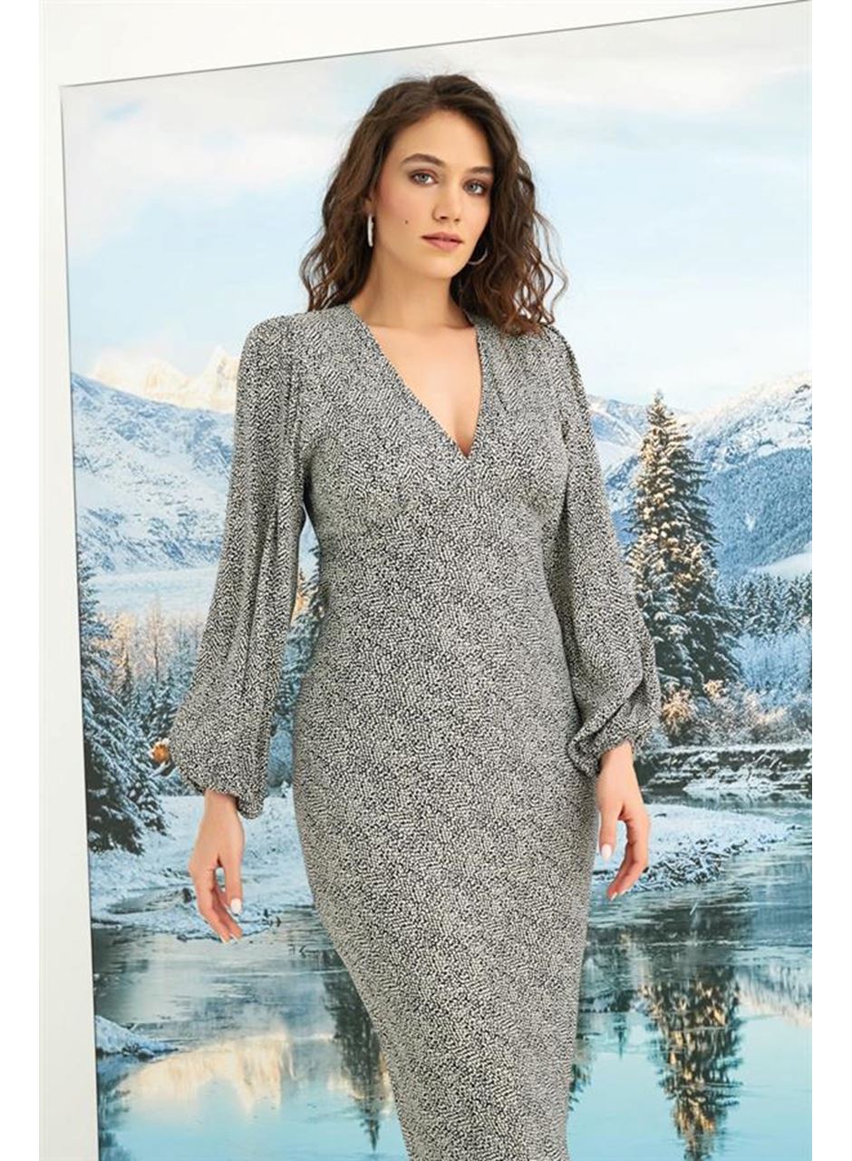 %100 Viskon Desenli Uzun Kollu Saten Elbise