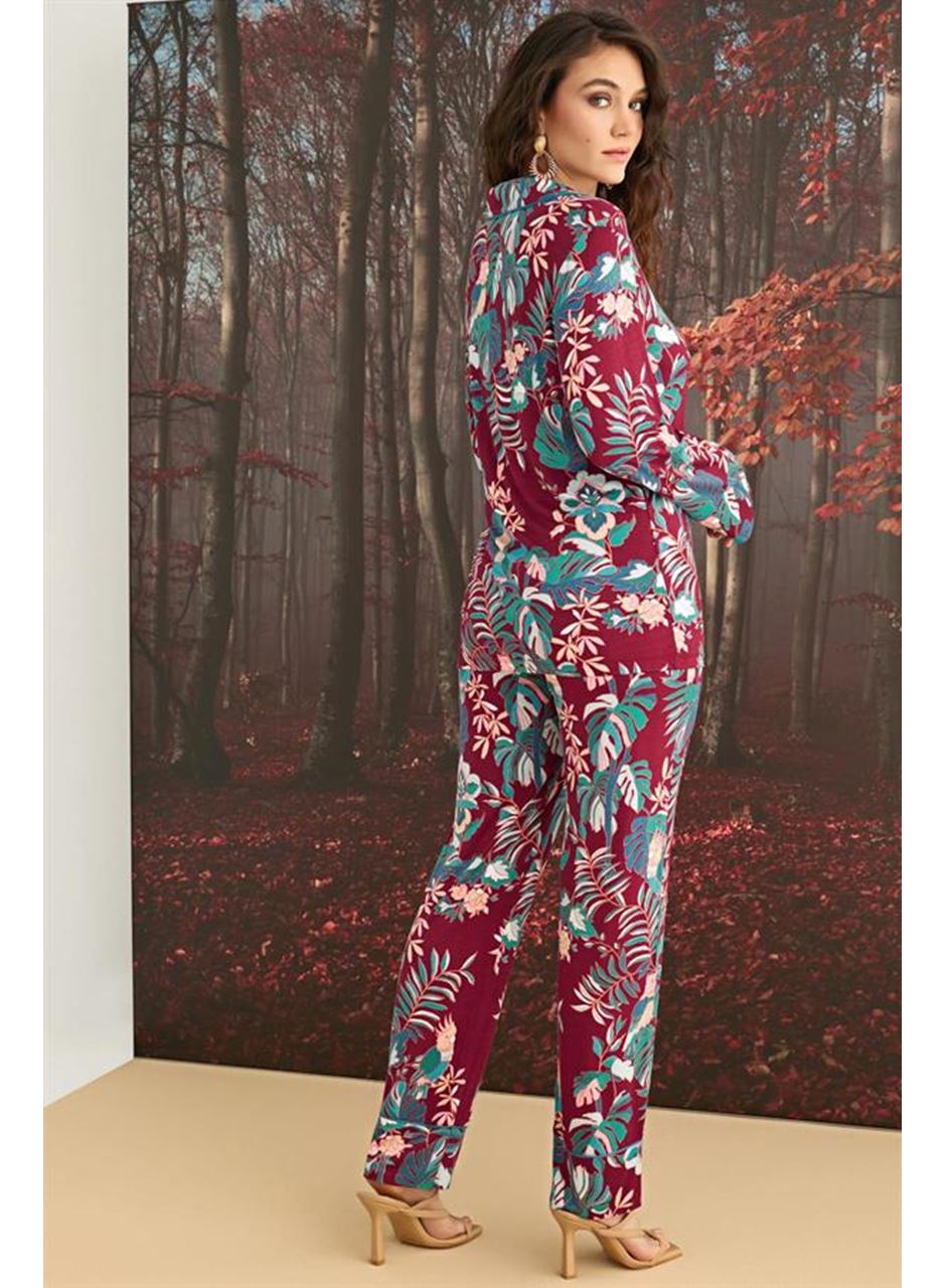 Çiçek ve Yaprak Desenli Önü Düğmeli Pijama Takımı