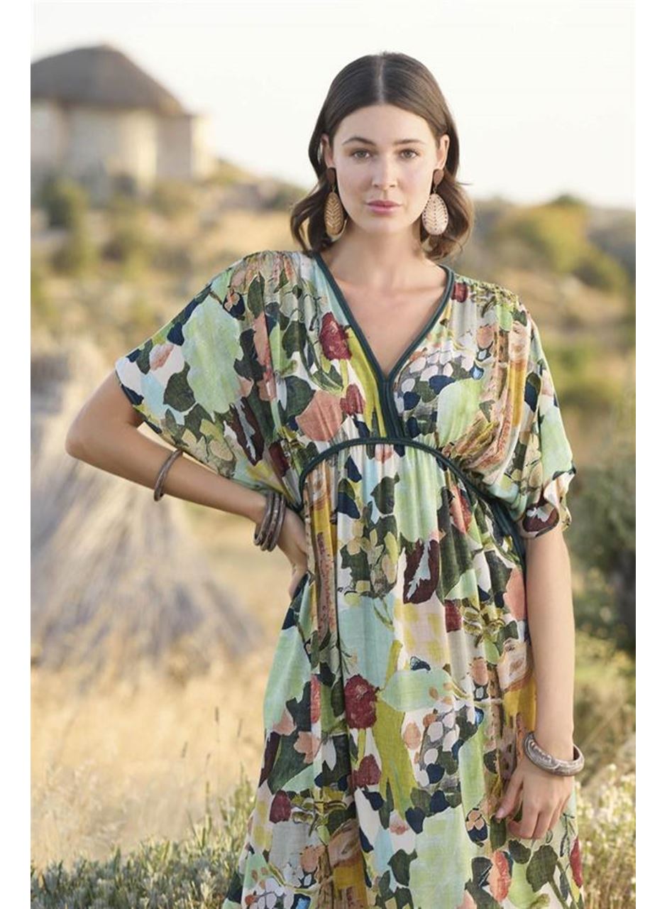 %100 Viskon Çiçek ve Yaprak Desenli Kısa Kollu Elbise