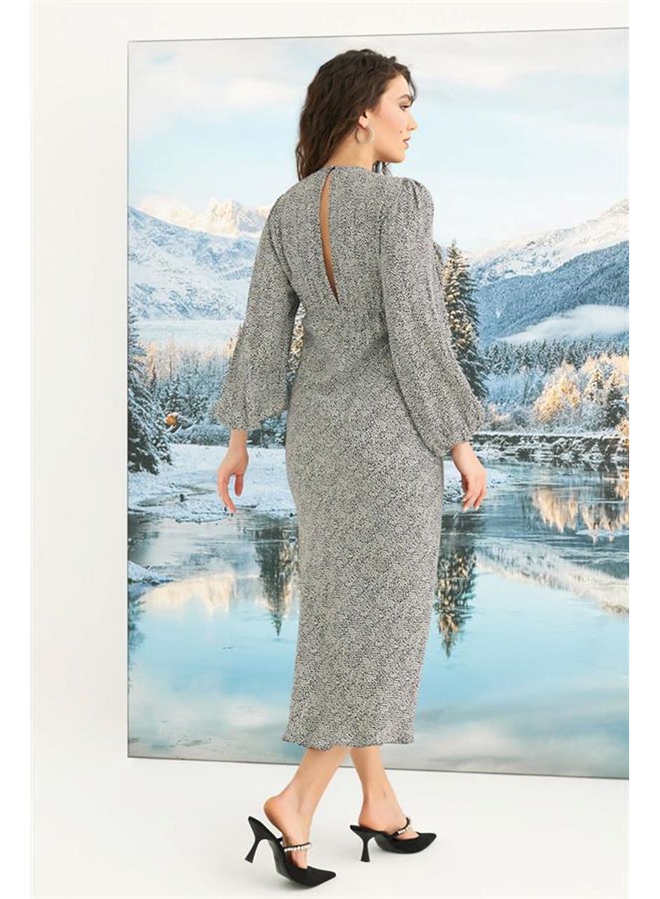 %100 Viskon Desenli Uzun Kollu Saten Elbise