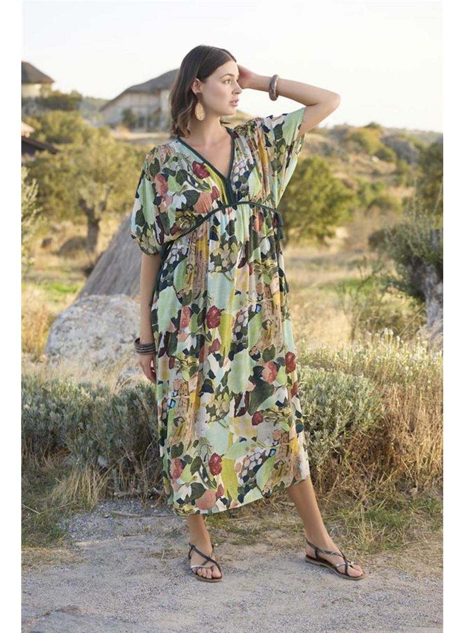 %100 Viskon Çiçek ve Yaprak Desenli Kısa Kollu Elbise