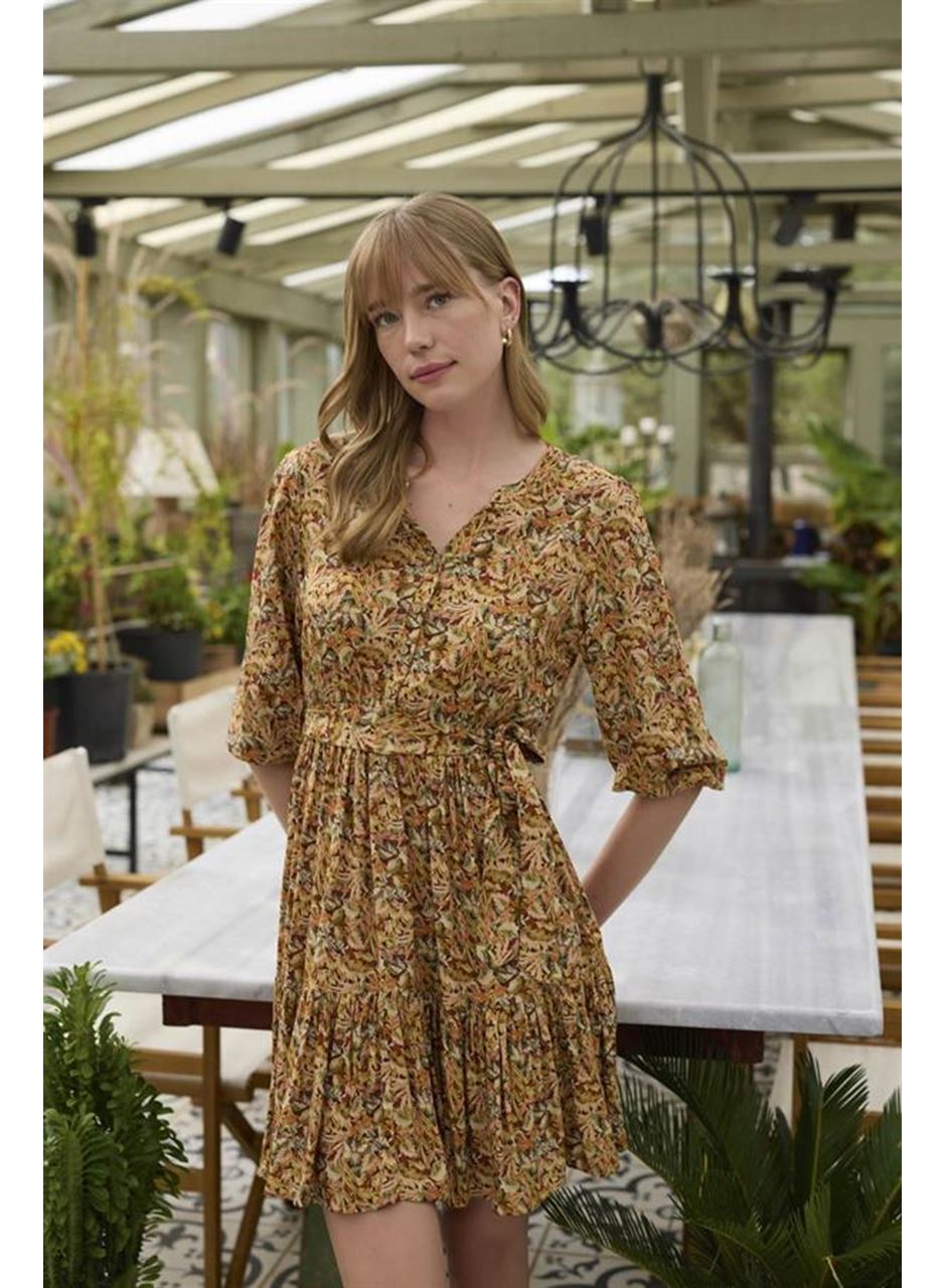 %100 Viskon Çiçek ve Yaprak Desenli Kuşaklı Elbise