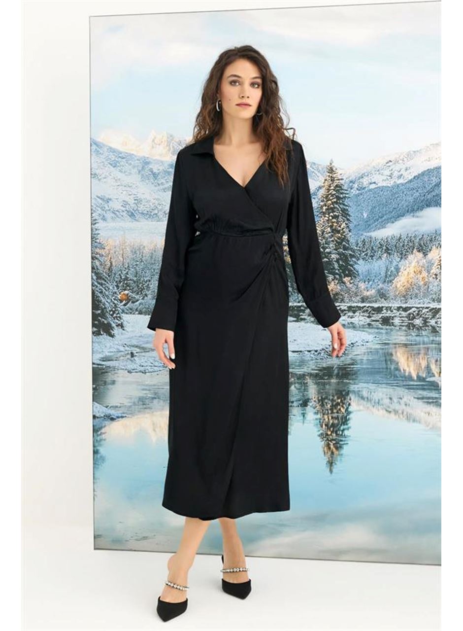 %100 Viskon Uzun Kollu Saten Elbise