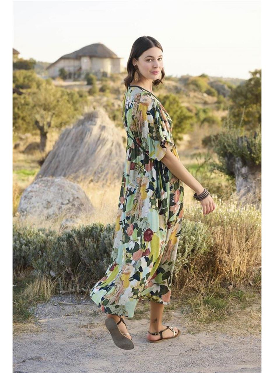 %100 Viskon Çiçek ve Yaprak Desenli Kısa Kollu Elbise