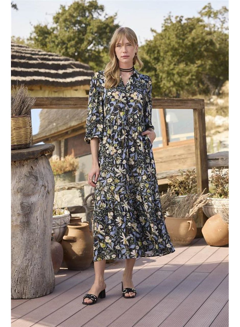 Çiçek ve Yaprak Desenli Truvakar Kollu Elbise