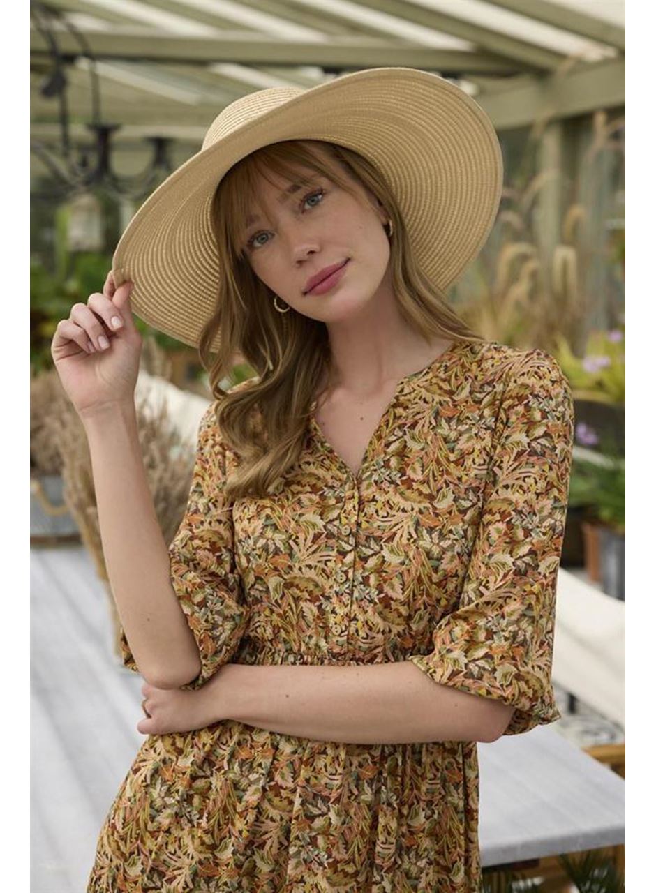 %100 Viskon Çiçek ve Yaprak Desenli Kuşaklı Elbise